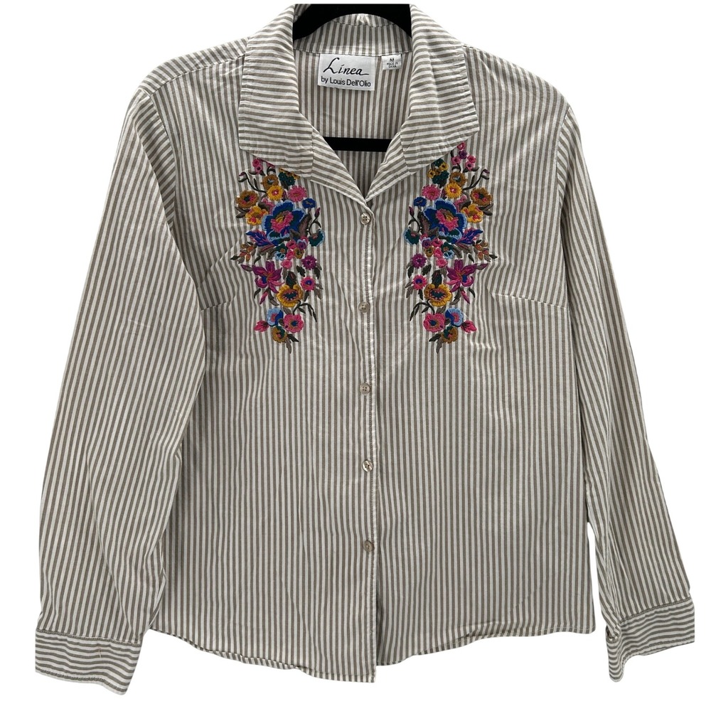 Linea‎ by Louis Dell'Olio Striped Embroidered Boho Preppy Button Down Shirt Med